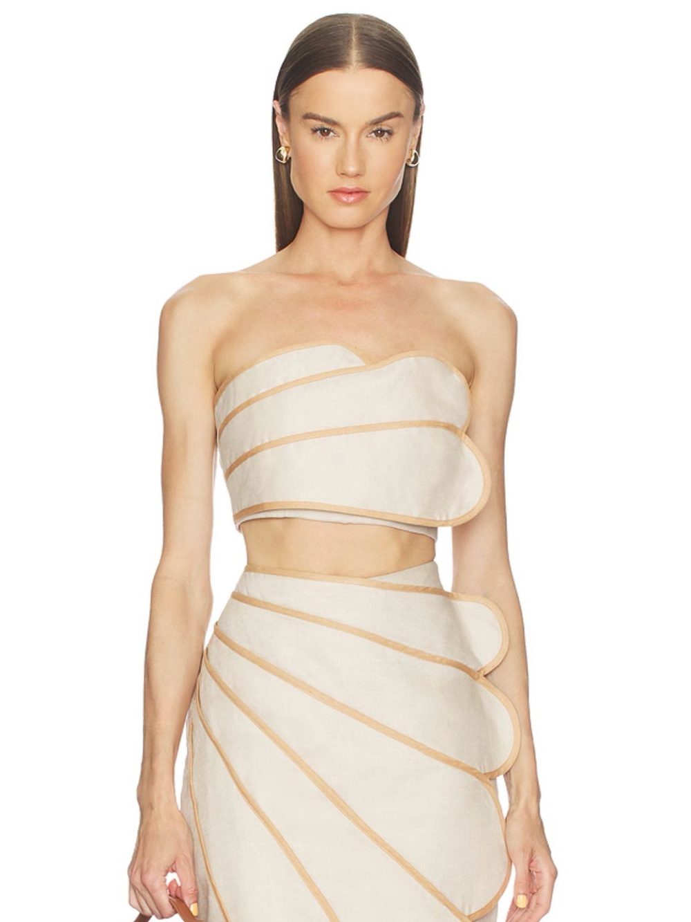 Azules Strapless Scalloped Top in Cream with Tan Trim
